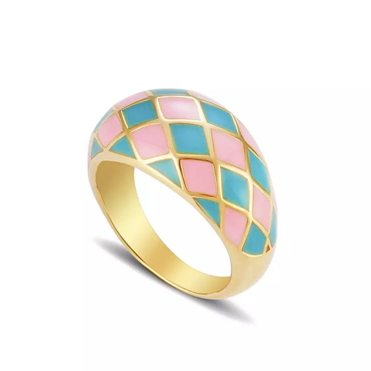 Pink Teal Checkered Ring